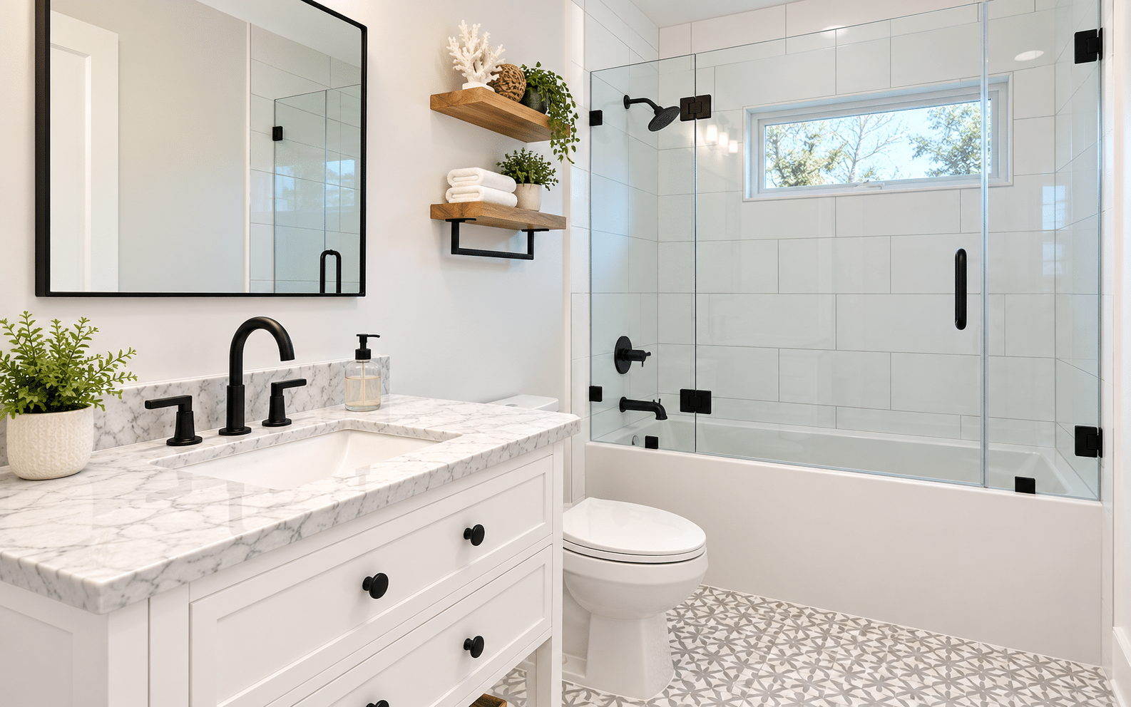 Modern bathroom renovation with white vanity and glass shower