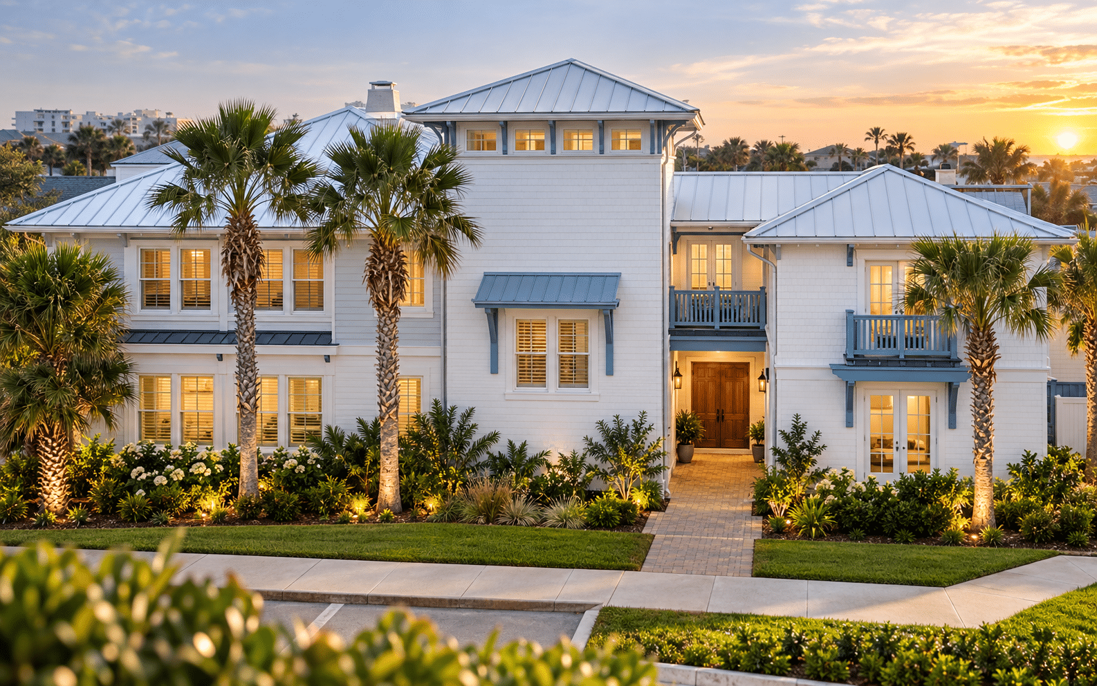 Coastal-style residential home with palm trees representing Beaches Home Remodeling in Jacksonville Beach, FL