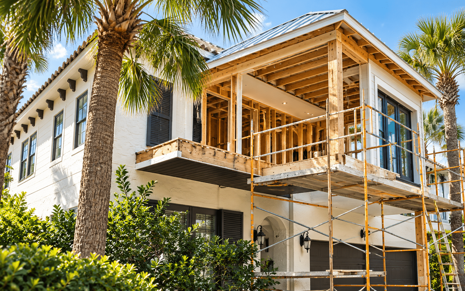 Coastal-style home addition under construction with wood framing and scaffolding in Jacksonville Beach, FL