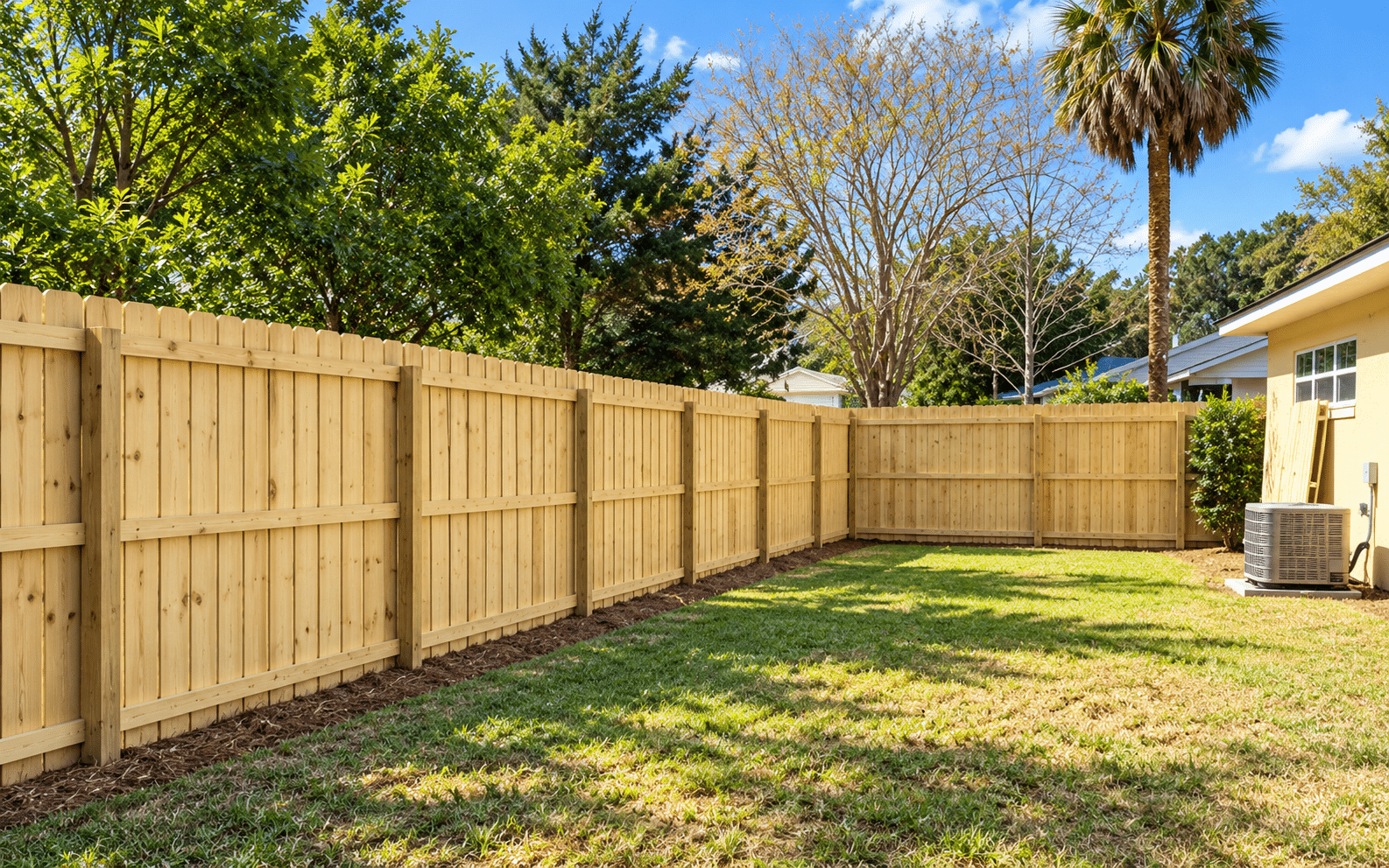 Wood privacy fence installed around a residential backyard