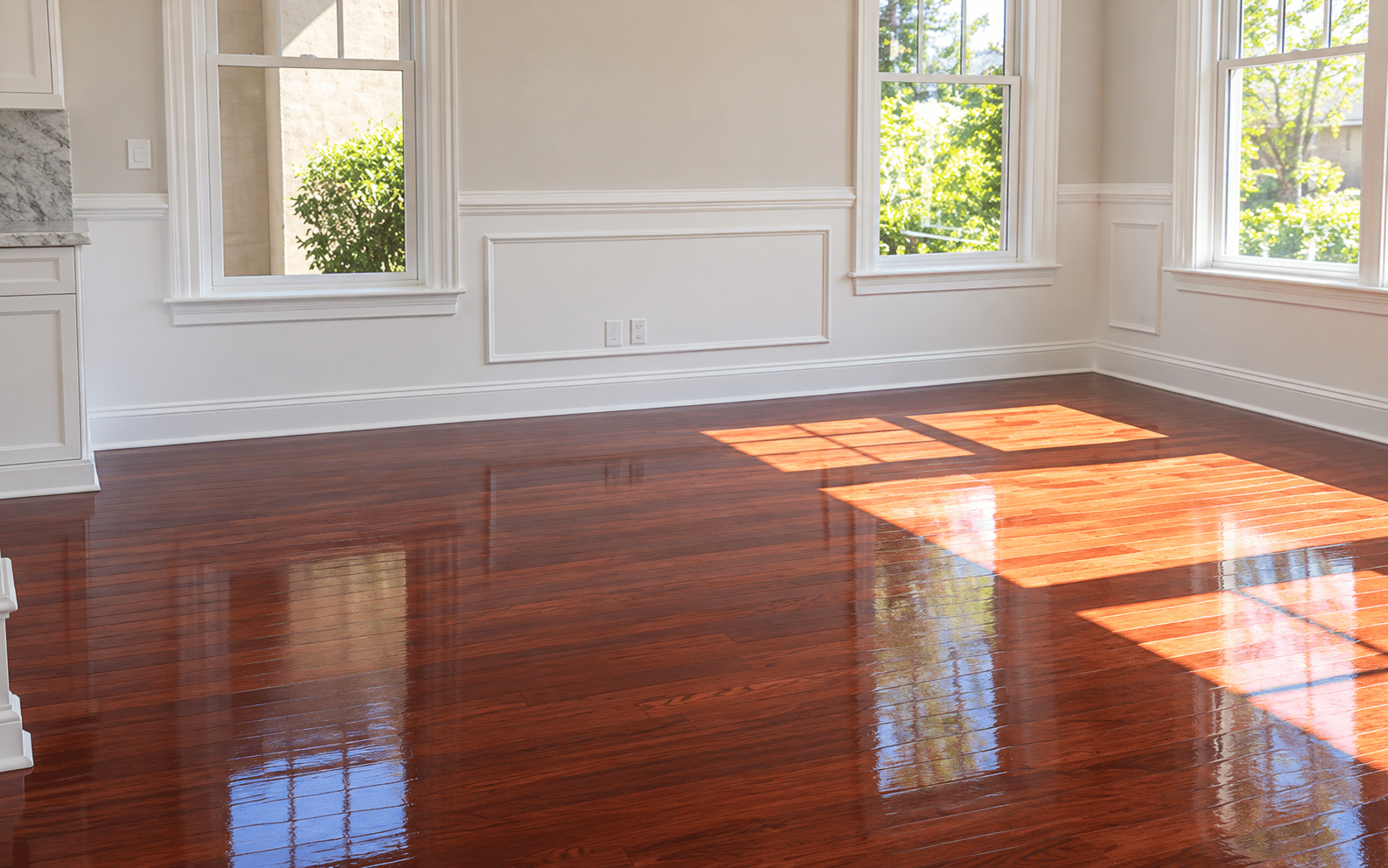 Newly finished hardwood flooring in a bright residential room