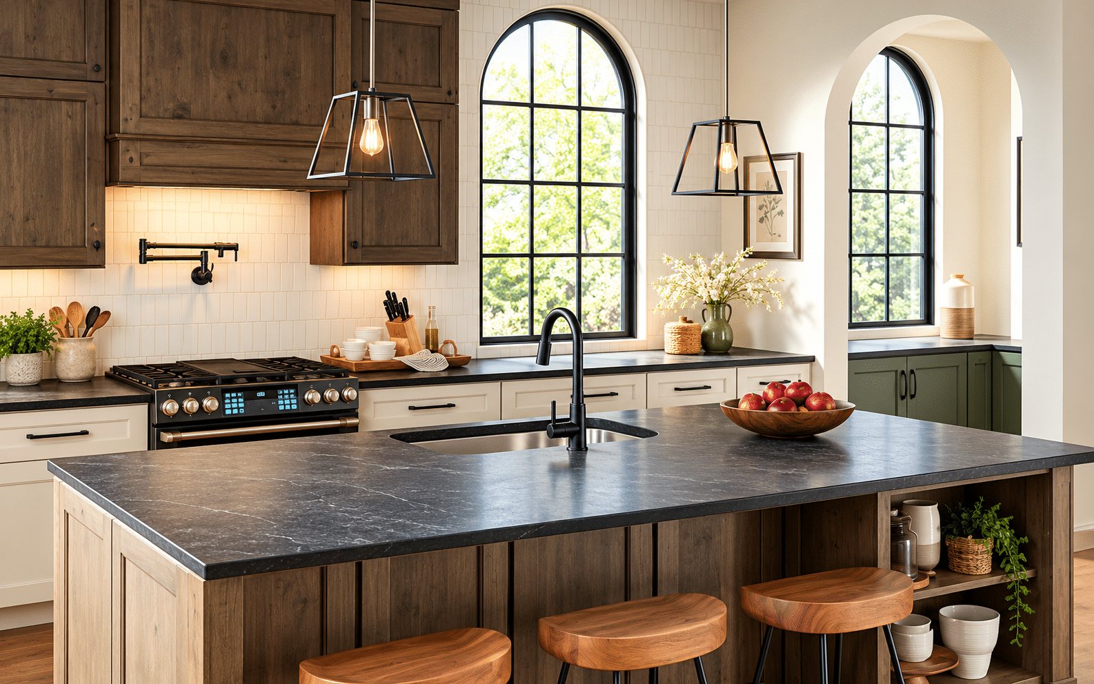 Remodeled kitchen with dark stone island, wood cabinetry and arched windows