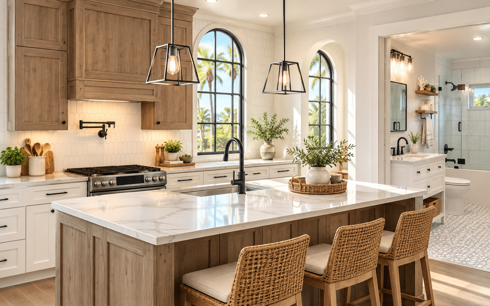 Remodeled coastal-style kitchen with marble island, wood cabinetry, and adjacent bathroom